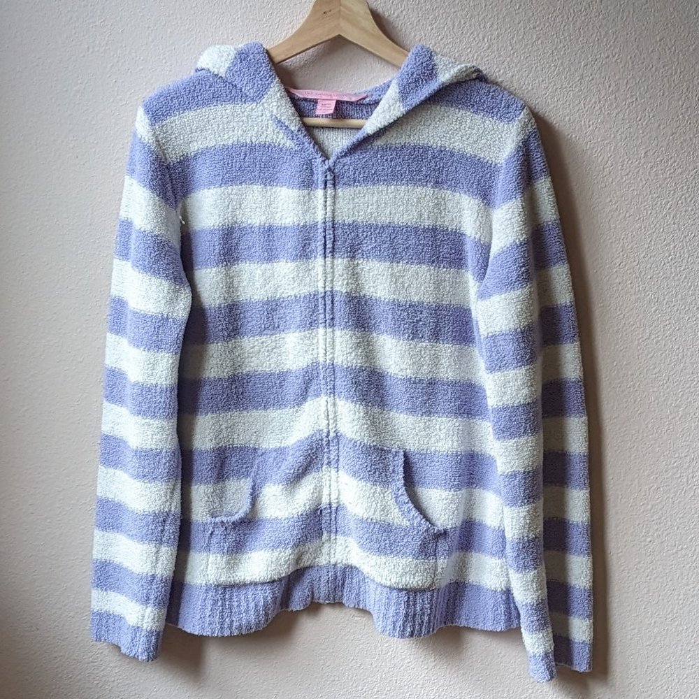 Victoria's Secret - Fuzzy Lavender and White Stripe Zip Hoodie - Women's L